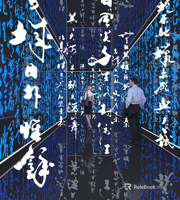 Luxurious Modern Hotel Corridor With Mirrored Walls And Calligraphy Art Design 3d model 