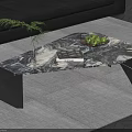 Modern Marble Coffee Table With Black Legs Green Plant Books And Fruits On Gray Rug