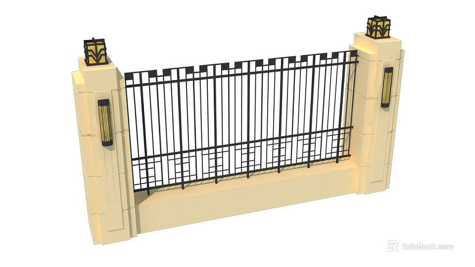 Building Exterior Wall With Beige Pillars Black Wrought Iron Fence And Decorative Top Lamps 3d model 