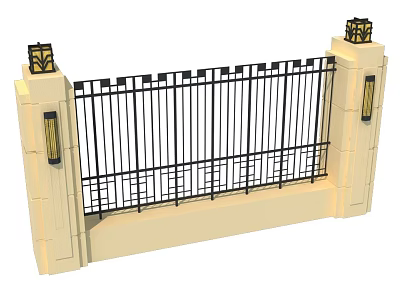 Building Exterior Wall With Beige Pillars Black Wrought Iron Fence And Decorative Top Lamps 3d model