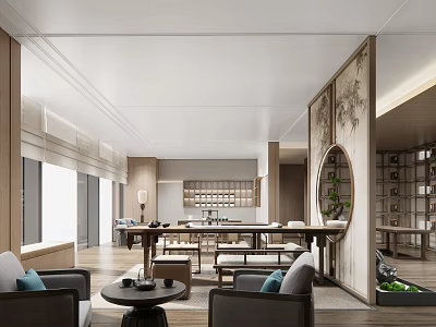 Modern Chinese Teahouse Interior With Wooden Furniture And Decorative Screens 3d model