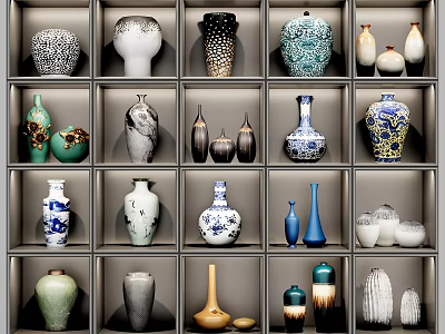 Elegant Ceramic Vessels Including Vases And Jars With Various Patterns And Colors Displayed On Shelves 3d model