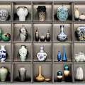 Elegant Ceramic Vessels Including Vases And Jars With Various Patterns And Colors Displayed On Shelves