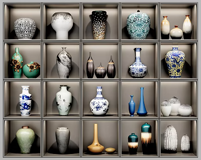 Elegant Ceramic Vessels Including Vases And Jars With Various Patterns And Colors Displayed On Shelves 3d model