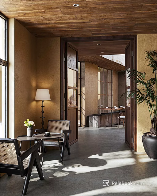 Minimalist Interior Space With Wooden Door Frame Open Layout Tables Chairs And Potted Plant 3d model 