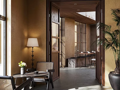 Minimalist Interior Space With Wooden Door Frame Open Layout Tables Chairs And Potted Plant 3d model