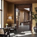Minimalist Interior Space With Wooden Door Frame Open Layout Tables Chairs And Potted Plant