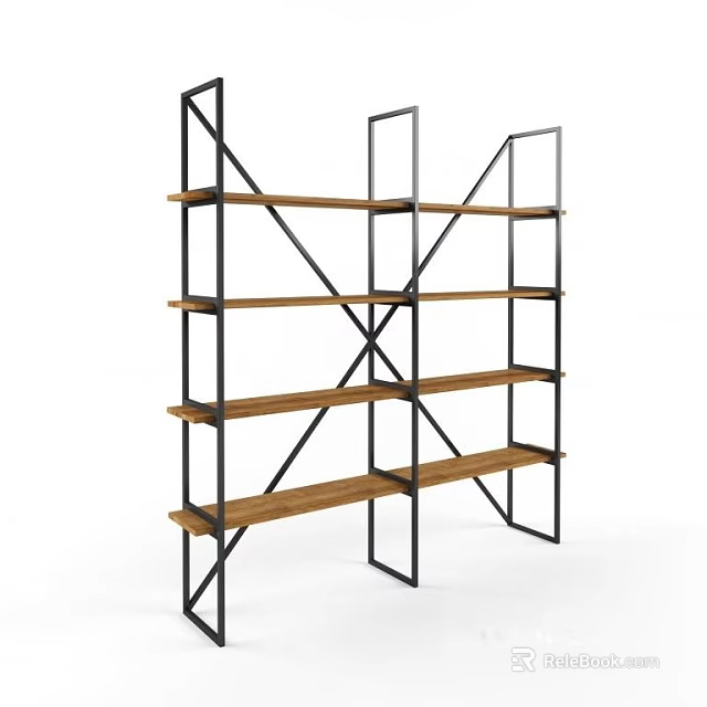 Modern Metal Frame Wooden Shelving Unit With Multiple Open Storage Layers 3d model 