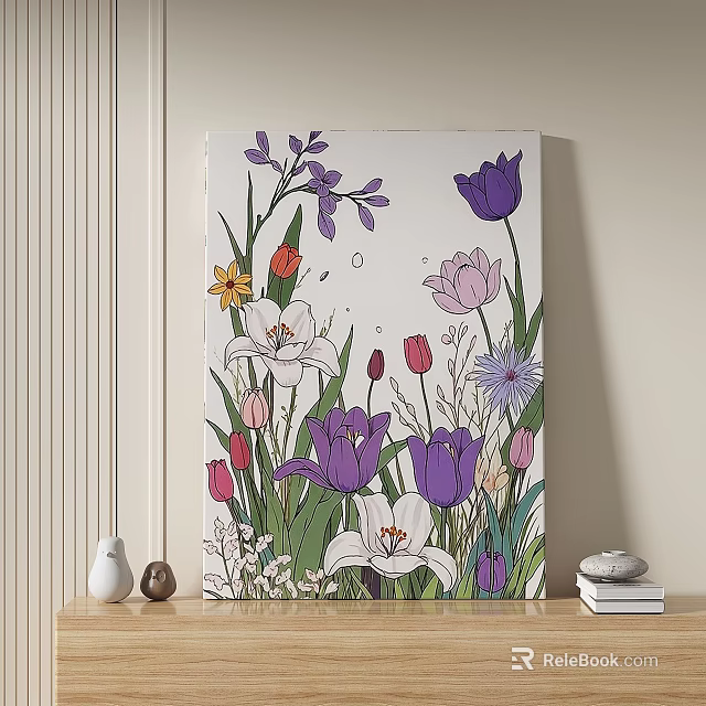 Colorful Botanical Painting With Various Flowers And Green Leaves For Indoor Decor 3d model 