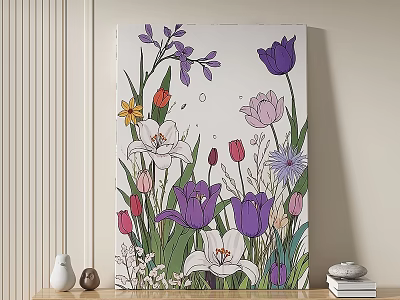 Colorful Botanical Painting With Various Flowers And Green Leaves For Indoor Decor 3d model