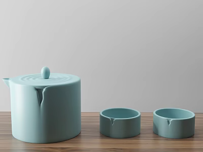 Light Blue Ceramic Teapot and Cups on Wooden Table with Light Gray Wall 3d model