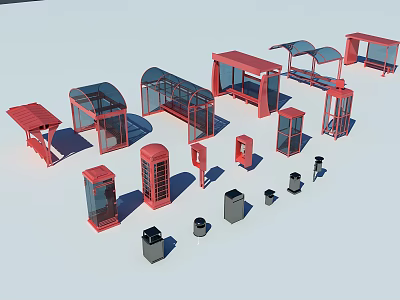 Red Public Facilities Including Bus Shelters Telephone Booths And Trash Cans 3d model