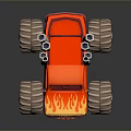 Red And Yellow Monster Truck With Flame Decals Oversized Tires And Exhaust Pipes