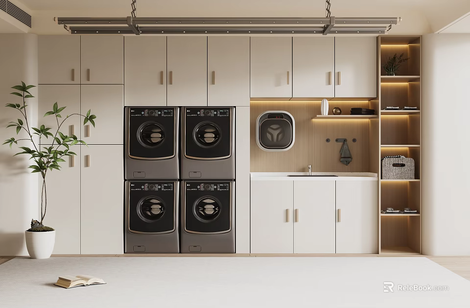 Laundry Room Interior Design With White Cabinets Washing Machines Dryers Small Sink Plant And Shelves 3d model 