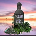 Floral Installation Featuring Transparent Bottle Structure Purple Flowers Green Plants And Sunset Water Background