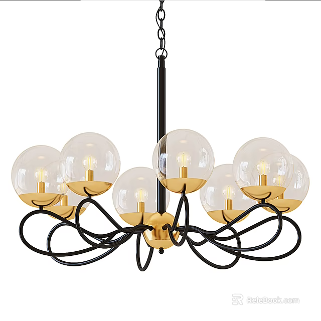 Modern Chandelier with Transparent Glass Globes Golden Base and Black Metal Frame 3d model 