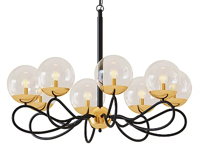 Modern Chandelier with Transparent Glass Globes Golden Base and Black Metal Frame 3d model