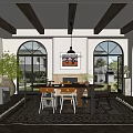 Modern Dining Room Interior With Arched Windows Wooden Beams Chandelier And Fireplace