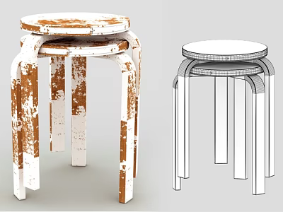 Vintage Rustic Stools With Distressed Paint Finish And Line Drawing Design 3d model