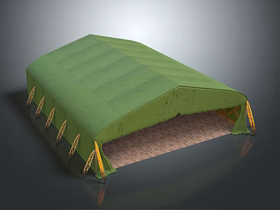 Green Open Front Tent With Flat Top Yellow Edge Straps And Brown Ground 3d model