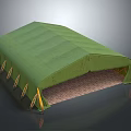 Green Open Front Tent With Flat Top Yellow Edge Straps And Brown Ground