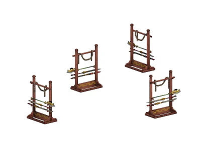 Four Wooden Standing Racks With Metal Components And Crafted Design Elements 3d model