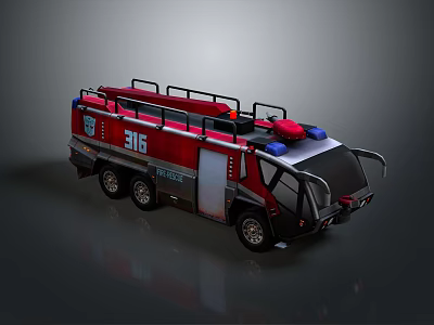 Red Fire Truck Number 316 with Ladder on Top and Blue Emergency Lights 3d model