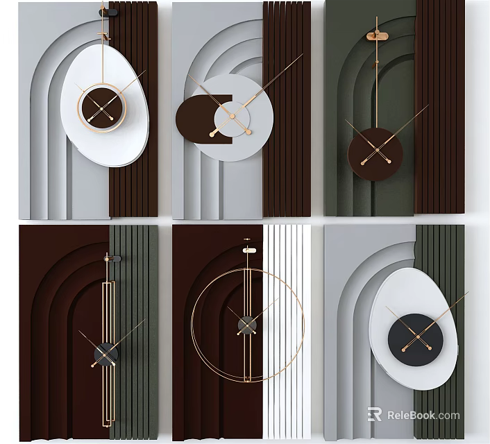 Multiple Modern Wall Clocks With Oval Circular Shapes And Metal Hands In Geometric Wall Decor 3d model 