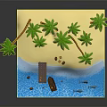 Cartoon Island Scene with Palm Trees Sandy Beach Water Swimming Sharks and Wooden Boat
