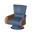 Modern Blue Leather Accent Chair With Wooden Arms And Round Swivel Base
