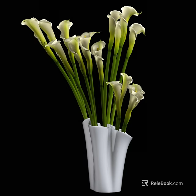 White Modern Vase With White Calla Lilies And Green Stems On Black Background 3d model 