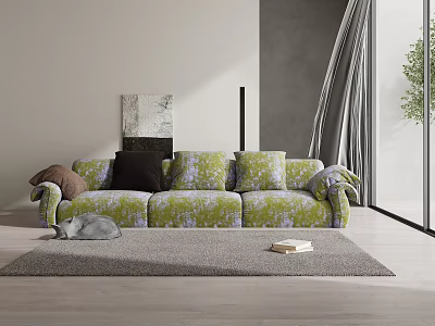 Three Seater Sofa With Green Floral Pattern Brown Black Pillows On Gray Rug With Book 3d model