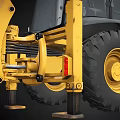 Yellow Utility Vehicle With Front Bucket Backhoe Arm Cab And Large Tires