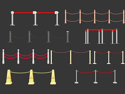 Various Rope Barriers in Red Black Yellow Colors with Warning Signs for Crowd Control 3d model