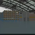 Large Warehouse Interior Featuring Metal Shelves Stacked Boxes Forklift High Ceiling And Natural Light