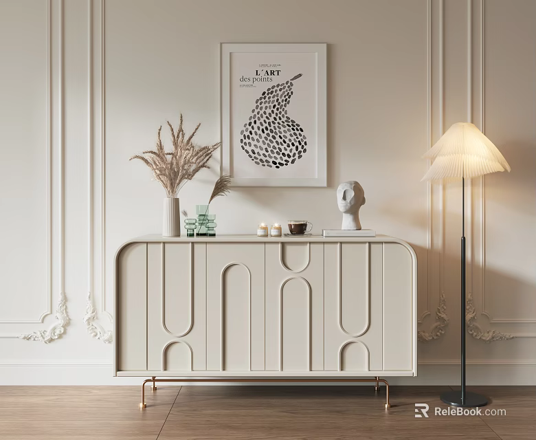 White Console Sideboard with Arched Cutouts Decorative Vase Dried Flowers Sculpture and Floor Lamp 3d model 