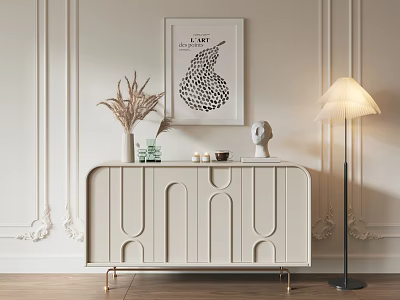 White Console Sideboard with Arched Cutouts Decorative Vase Dried Flowers Sculpture and Floor Lamp 3d model