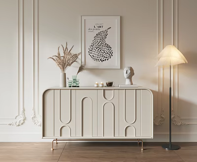White Console Sideboard with Arched Cutouts Decorative Vase Dried Flowers Sculpture and Floor Lamp 3d model