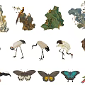 Traditional Chinese Ink Painting Elements With Animals Birds Plants And Nature Motifs