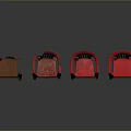 Set of Four Red Plastic Chairs With One Damaged On Reflective Dark Background