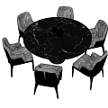 Elegant Round Black Marble Dining Table With Six Grey Upholstered Chairs 3d model