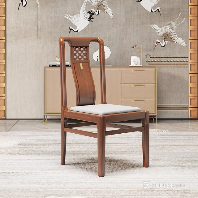 Chinese Style Wooden Dining Chair With Carved Lattice Backrest And Light Cushion 3d model 