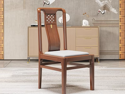 Chinese Style Wooden Dining Chair With Carved Lattice Backrest And Light Cushion 3d model