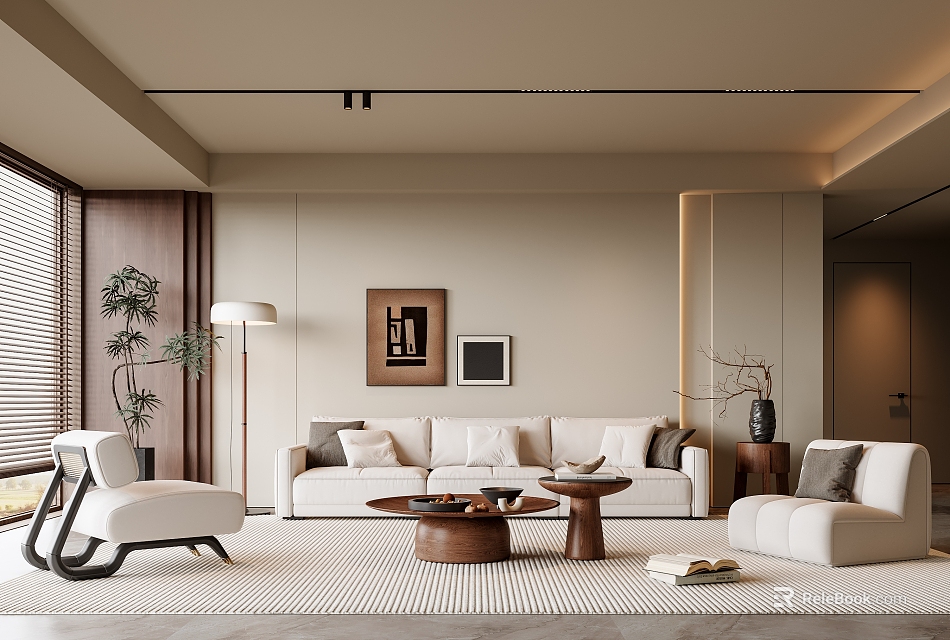 Modern Living Room Interior Design With Neutral Tones Sofa Coffee Table And Decorative Artwork 3d model 