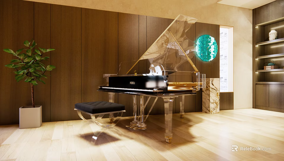 Transparent Grand Piano in Modern Room with Black Bench Wooden Wall and Circular Green Decoration 3d model 