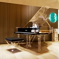 Transparent Grand Piano in Modern Room with Black Bench Wooden Wall and Circular Green Decoration