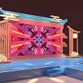 Modern Chinese Style Stage With Red Pink Lighting Geometric Pattern Backdrop Blue Steps Lantern Decorations 3d model
