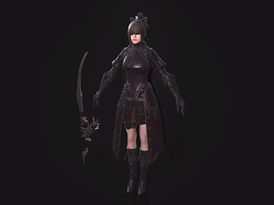 Fantasy Female Warrior in Black Armor Wielding Creature Decorated Sword and Intricate Gear 3d model