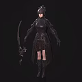 Fantasy Female Warrior in Black Armor Wielding Creature Decorated Sword and Intricate Gear