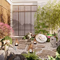 Japanese Garden Landscape with Shoji Screens Stone Rocks Lanterns and Cherry Blossom Tree